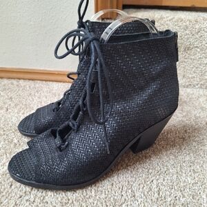 Eileen Fisher Black Slew Suede Lace Up Peep Toe Zip Back Bootie Womens Size 8
